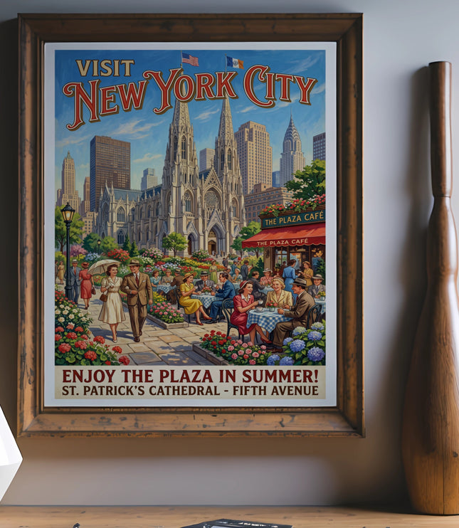 Vintage poster: Visit New York City, St. Patrick's Cathedral, The Plaza Cafe.