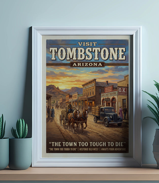 Visit Tombstone Arizona poster with old west town scene and horses.