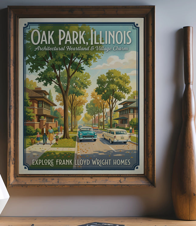 Oak Park, Illinois art print featuring Frank Lloyd Wright homes and vintage cars.