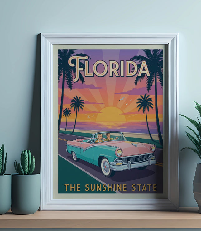 Vintage Florida travel poster with convertible car and sunset over ocean.