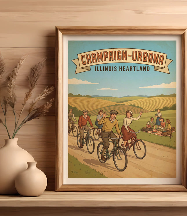 Champaign-Urbana Illinois Heartland vintage poster with people cycling and picnicking.