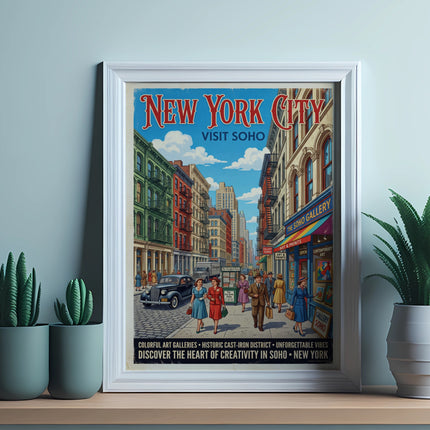 Vintage New York City Visit Soho poster with colorful buildings and text.
