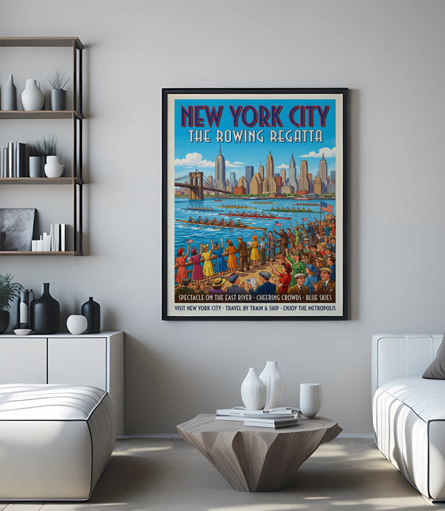 New York City Rowing Regatta poster with cityscape, rowing boats, and cheering crowds.