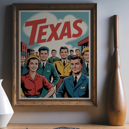 Retro Texas poster featuring smiling people in a line.