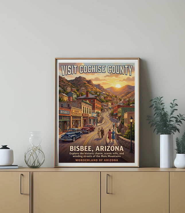 Poster for Bisbee, Arizona, featuring a vintage scene of a mountain town at sunset.
