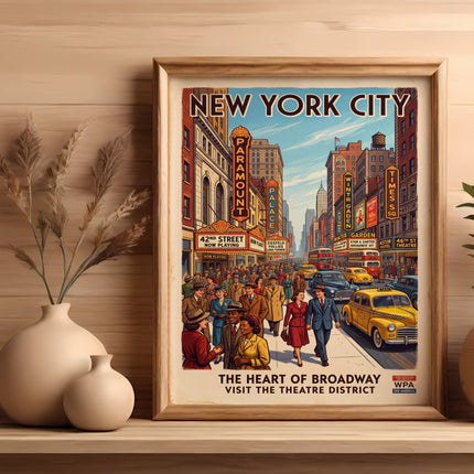 New York City theatre district poster with yellow taxi and people.