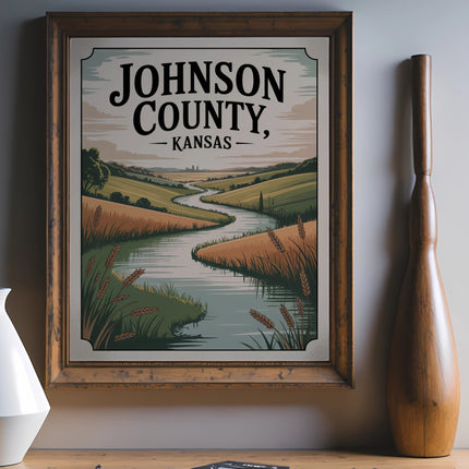 Vintage poster art for Johnson County, Kansas, featuring a scenic river valley landscape.
