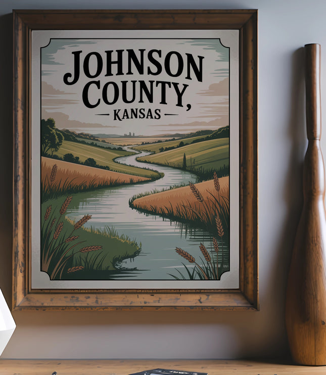 Vintage poster art for Johnson County, Kansas, featuring a scenic river valley landscape.