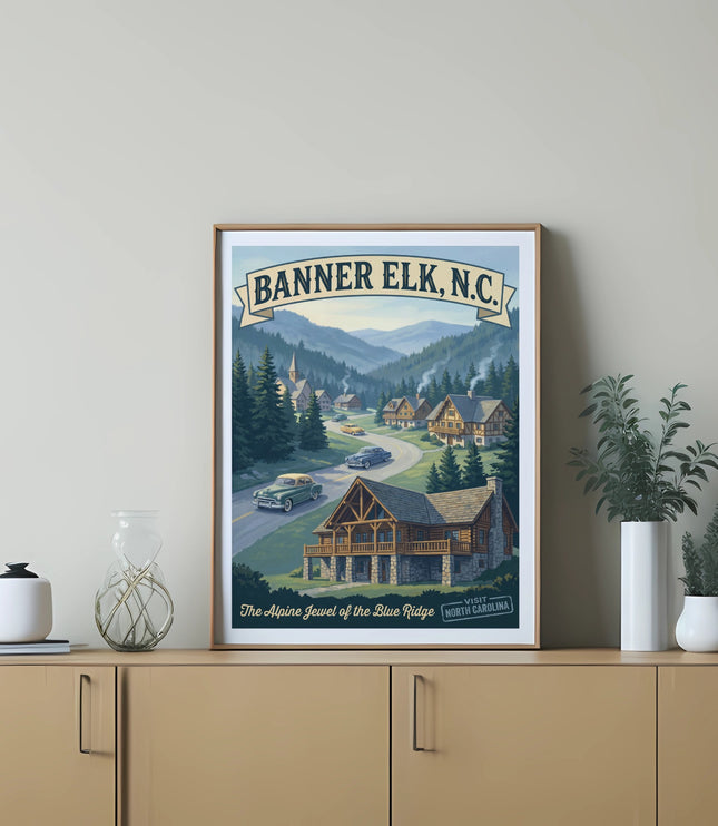 Poster of Banner Elk, NC with mountains, cabins, vintage cars, and text.