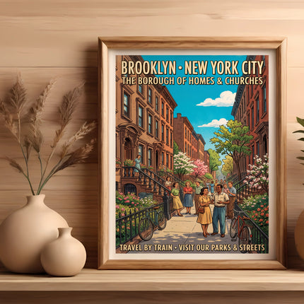 Poster of Brooklyn, New York, with "Travel by Train" text.