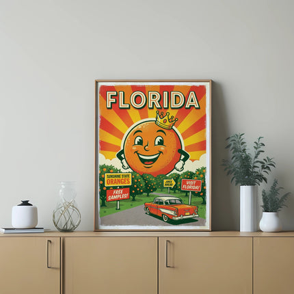 Retro Florida oranges advertisement with smiling orange character and vintage car.
