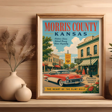 Retro travel poster for Morris County, Kansas, featuring Hays House and Council Grove.