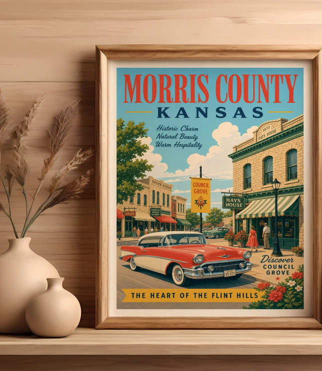 Retro travel poster for Morris County, Kansas, featuring Hays House and Council Grove.