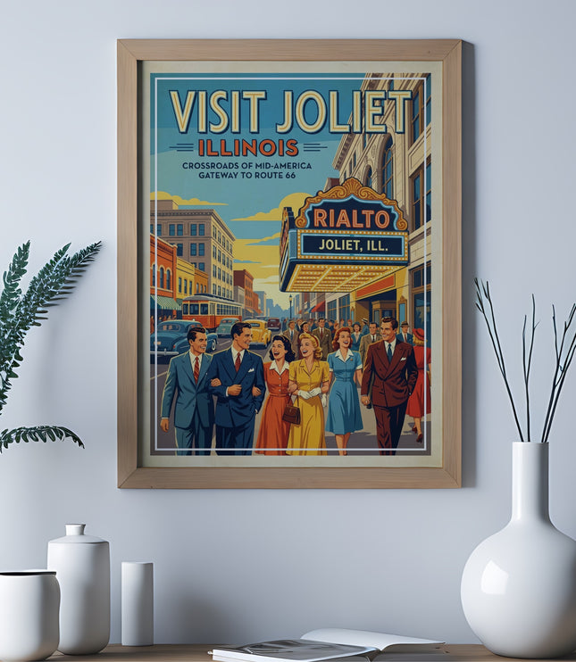Visit Joliet Illinois poster featuring the Rialto Theater and people walking.