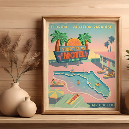 Retro poster of Sunset Palms Motel with pool, palm trees, and "Air Cooled" text.