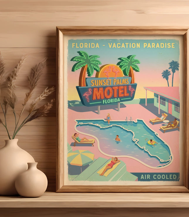 Retro poster of Sunset Palms Motel with pool, palm trees, and "Air Cooled" text.