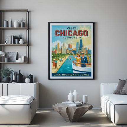 Vintage "Visit Chicago The Windy City" travel poster on a wall between two white sofas.