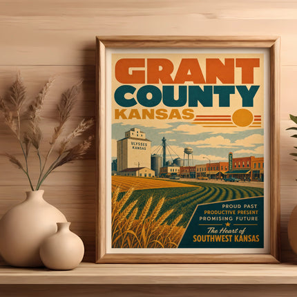 Grant County Kansas poster featuring Ulysses with fields and buildings.