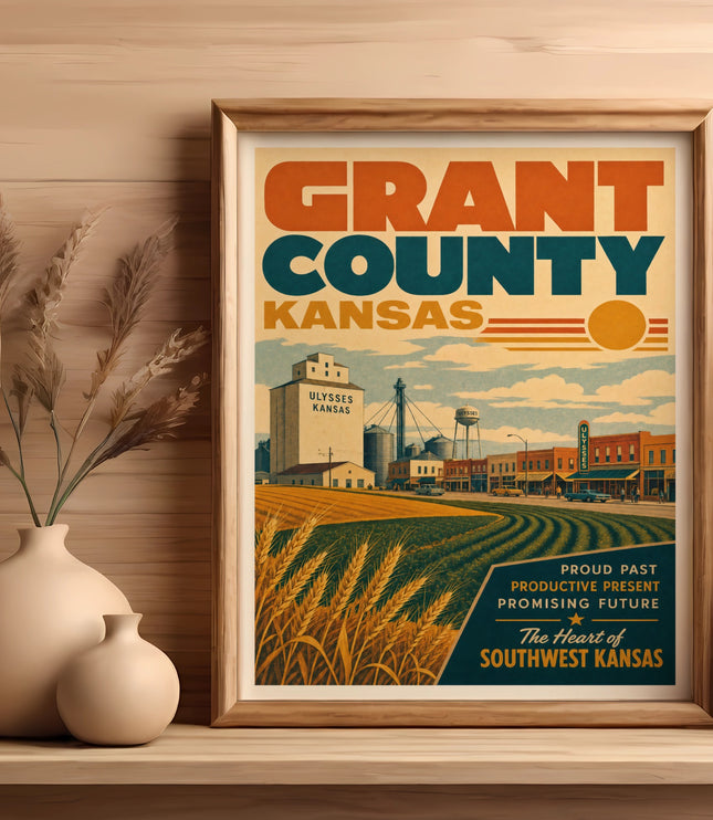 Grant County Kansas poster featuring Ulysses with fields and buildings.