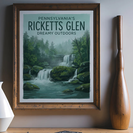 Ricketts Glen Pennsylvania outdoors scene with waterfall and text.
