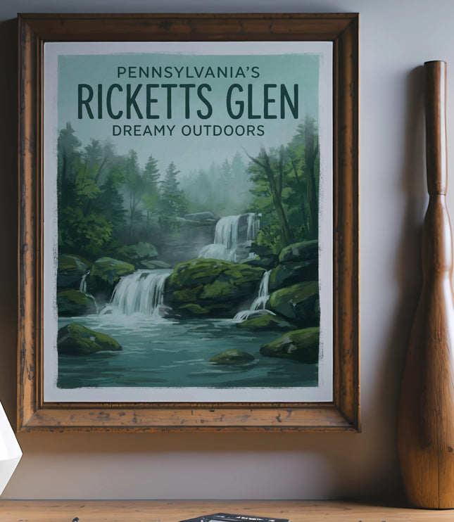 Ricketts Glen Pennsylvania outdoors scene with waterfall and text.