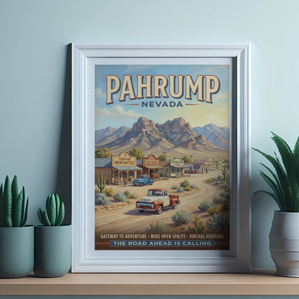Pahrump, Nevada vintage travel poster with desert buildings and mountains.