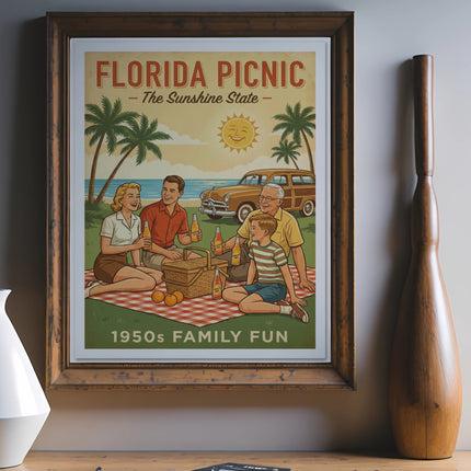 Retro poster of a family having a picnic under palm trees, reads "Florida Picnic - The Sunshine State".