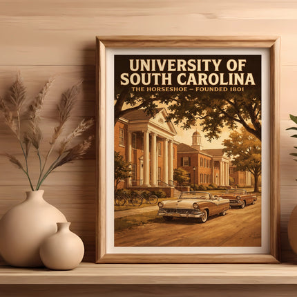University of South Carolina print showing historic buildings, vintage cars, and trees.