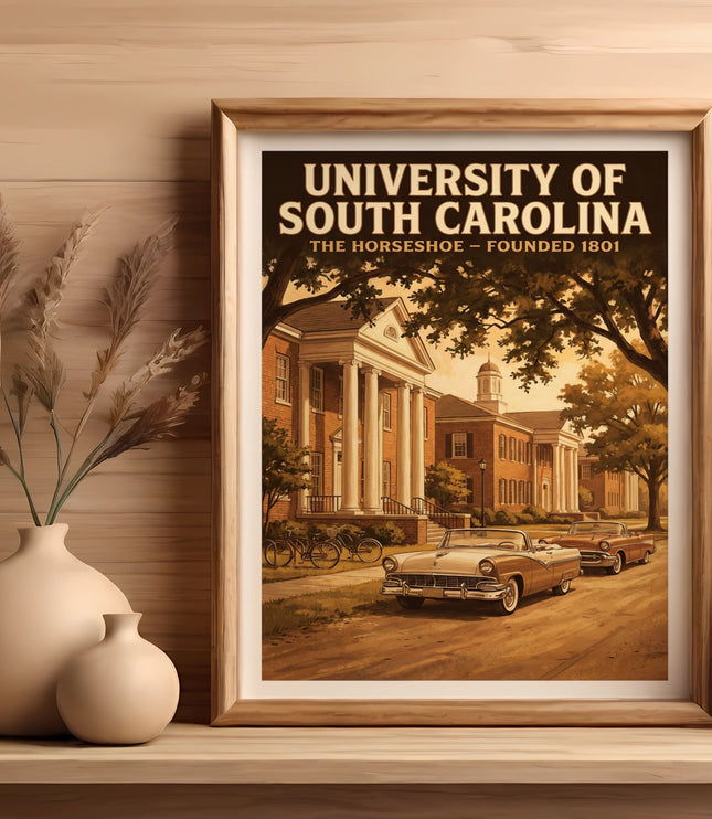 University of South Carolina print showing historic buildings, vintage cars, and trees.