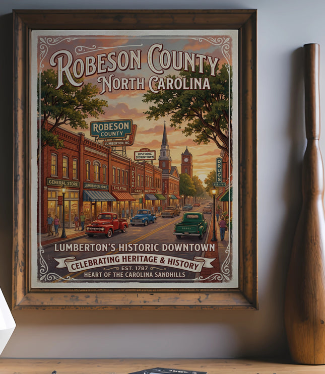 Robeson County, North Carolina, retro poster depicting historic downtown Lumberton.