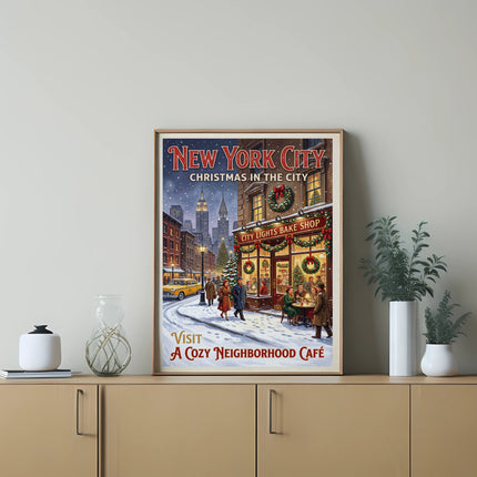 New York City Christmas in the City poster with "City Lights Bake Shop" and "A Cozy Neighborhood Café".
