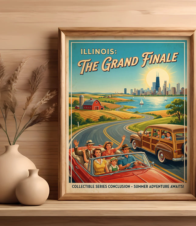 Retro poster of Illinois: The Grand Finale with families in cars and Chicago skyline.