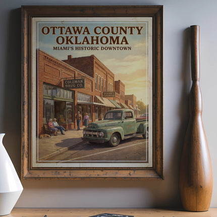 Vintage illustration of Ottawa County, Oklahoma, Miami's historic downtown with Ford truck.