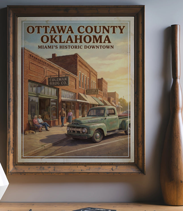 Vintage illustration of Ottawa County, Oklahoma, Miami's historic downtown with Ford truck.