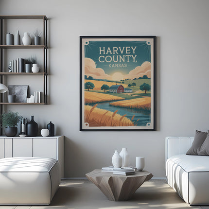 Retro poster for Harvey County, Kansas, featuring a farm scene with fields and river.