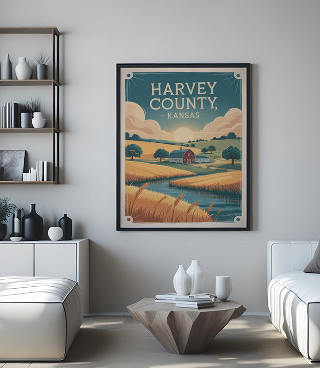 Retro poster for Harvey County, Kansas, featuring a farm scene with fields and river.