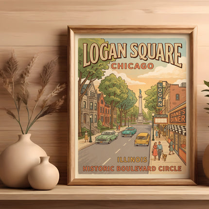 Logan Square Chicago Illinois historic boulevard circle poster with vintage cars.