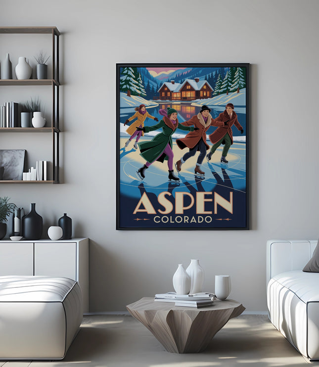 People ice skating in front of cabins with "Aspen Colorado" text.