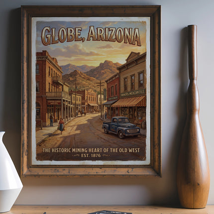 Retro art print of Globe, Arizona, featuring a historic mining town street scene and a blue truck.