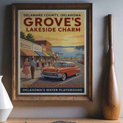 Retro poster for Grove, Oklahoma, advertising Lakeside Charm and Grand Lake.