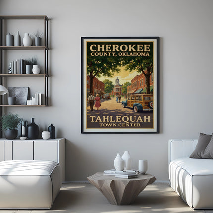 Cherokee County, Oklahoma Tahlequah Town Center artwork with vintage car and people.