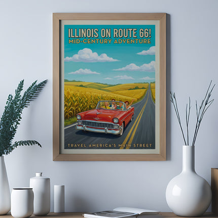 Retro illustration of a red convertible driving on Route 66 through a cornfield.