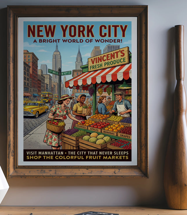 New York City poster showing Vincent's Fresh Produce fruit stand and street scene.
