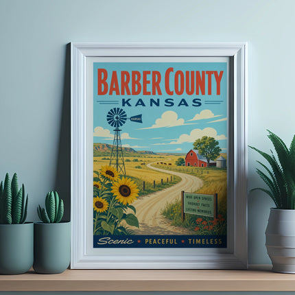 Barber County, Kansas poster with sunflowers, farm, windmill, and text.
