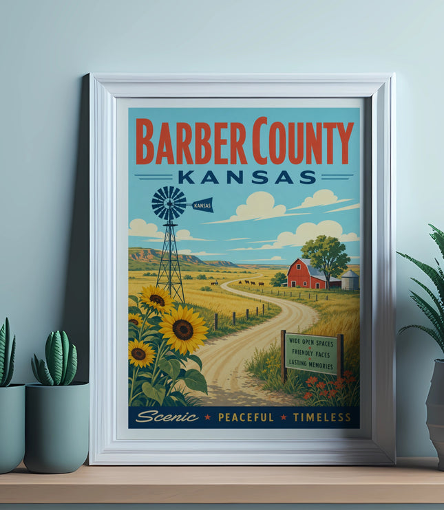 Barber County, Kansas poster with sunflowers, farm, windmill, and text.