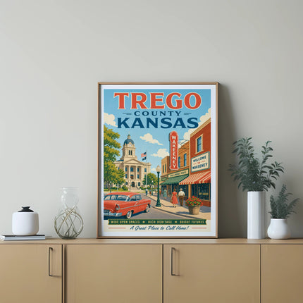 Poster for Wakeeney, Kansas, featuring a vintage car and town buildings.