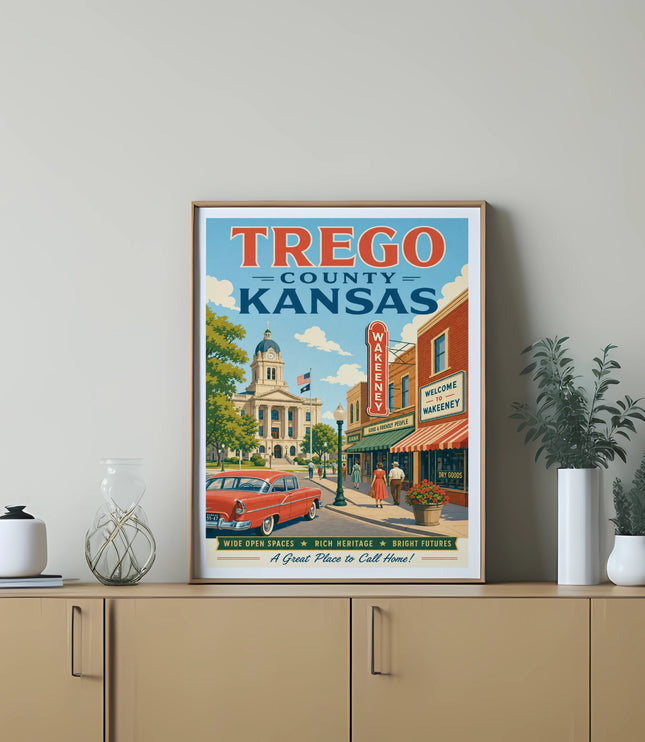 Poster for Wakeeney, Kansas, featuring a vintage car and town buildings.