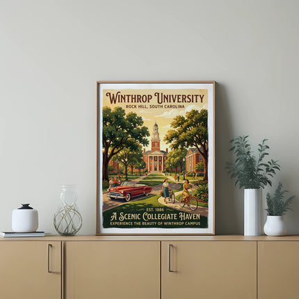 Winthrop University scenic collegiate haven vintage travel poster.