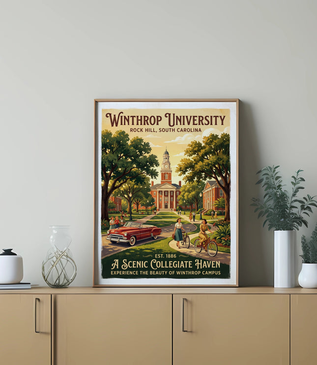 Winthrop University scenic collegiate haven vintage travel poster.