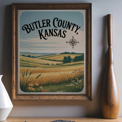 Butler County, Kansas vintage travel poster with scenic landscape and compass rose.
